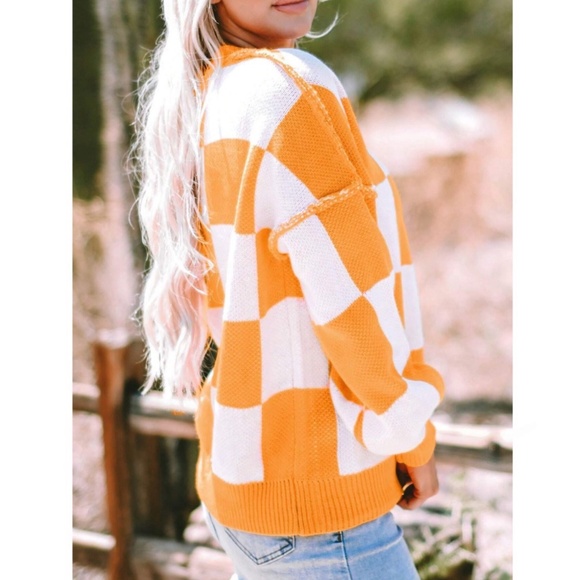 Checkers Orange White Oversized Knit Pullover Sweater - Picture 5 of 13